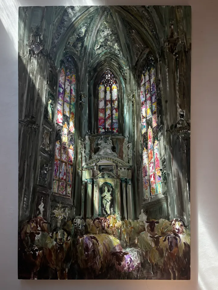 Oil painting of cathedral interior with stained glass