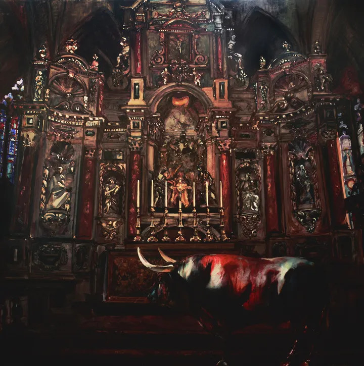 Dark painting of bull before baroque altar