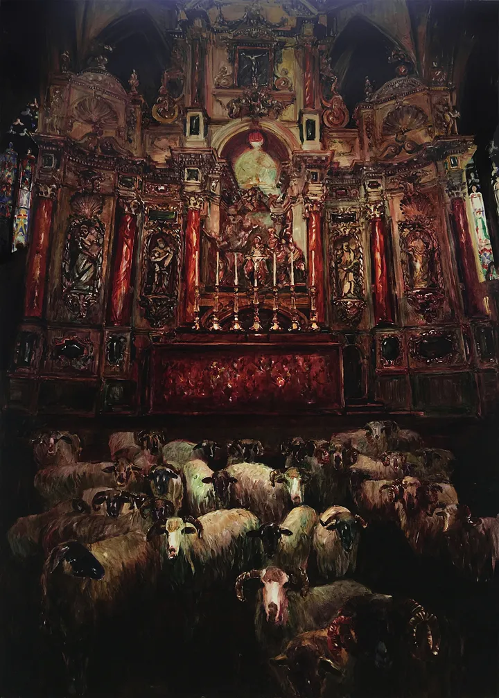 Dramatic painting of ornate altar with flock