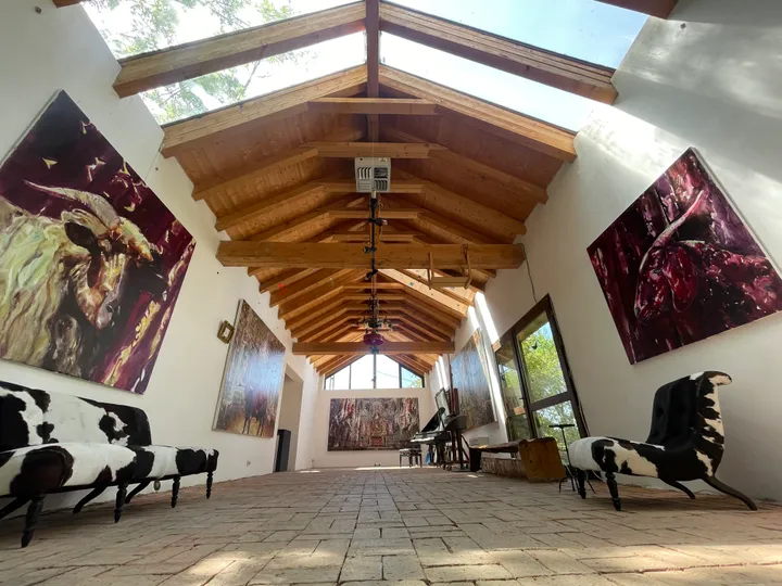 Gallery corridor with paintings and skylight